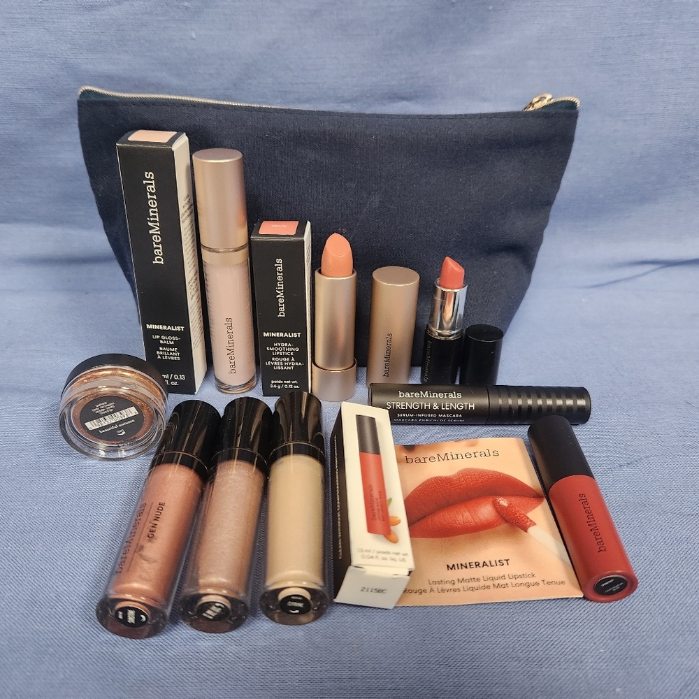 NIP bareMinerals Makeup Bag with 2 Lipstick, 2 Lip Gloss, 4 Eye Colors & Mascara